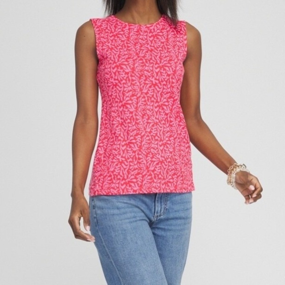 Chico's Island Button Detail Tank Watermelon Punch Pink Coral Print Sz 4 XXL NEW